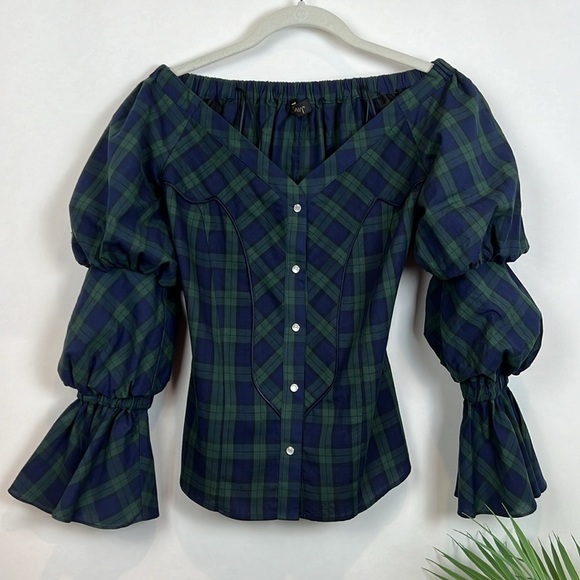 Petersyn Sasha Plaid Blouse Western Prairie XS Navy Green Puff Sleeve - Picture 3 of 9